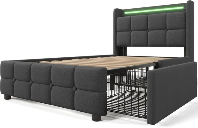 okwish Polsterbett Grau mit LED-Beleuchtung, USB-Anschluss, Schubladen und Matratze, B/T/H: 90 x 200 cm - Bild 1