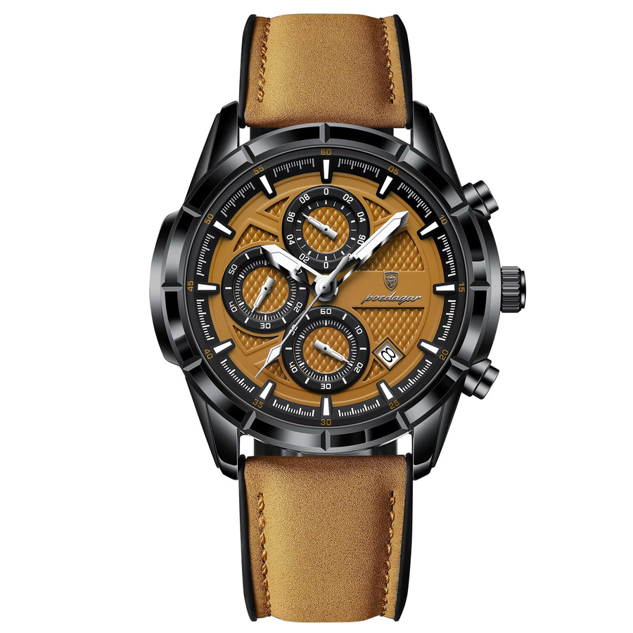 POEDAGAR Armbanduhr, Quarz, Leder, Schwarz, Chronograph, Herren - Bild 7