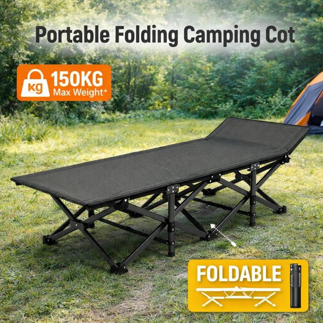 MDUG Tragbares Klappbares Campingbett aus Metall und Textilene in Schwarz mit verstellbarer Kopfstütze, Tragkraft 150 kg - Bild 1