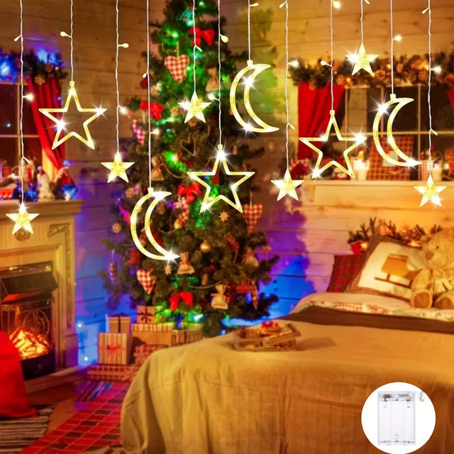 Leclstar LED Stern und Mond Lichterkette als Vorhang-Fee-Lampe, Mehrfarbig (RGB), batteriebetrieben, ideal für Weihnachts- und Neujahrsdekoration - Bild 1