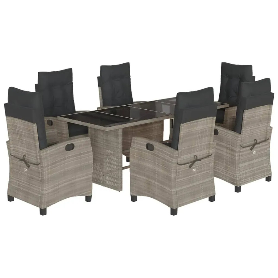 vidaXL 7-teilige Garten-Essgruppe aus Poly-Rattan in Hellgrau mit Kissen und Hartglas-Tischplatte - Bild 2