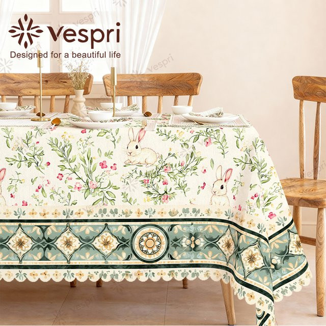 Vespri Oster-Tischdecke aus Polyester in Weiß-Grün mit Hasen- und Blumenmuster für Partys - Bild 1