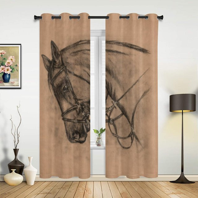 Super Six Fenstervorhang mit Pferdekopf-Bleistiftzeichnung in Beige, halbtransparent, B: 135 cm, H: 92 cm - Bild 1