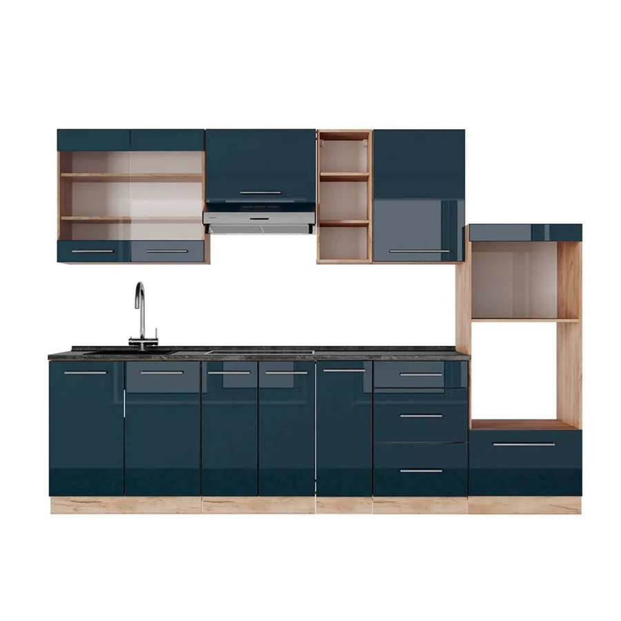 Vicco Küchenzeile Fame-Line Eiche Dunkelblau Hochglanz mit Arbeitsplatte Anthrazit Breite: 280 cm, Höhe: 82 cm, Tiefe: 60 cm - Bild 3