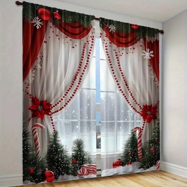 2er Set Weihnachtsbaum Vorhänge aus Polyester mit Digitaldruck, halbtransparent, mehrfarbig, Breite: 50 cm, Höhe: 160 cm - Bild 1