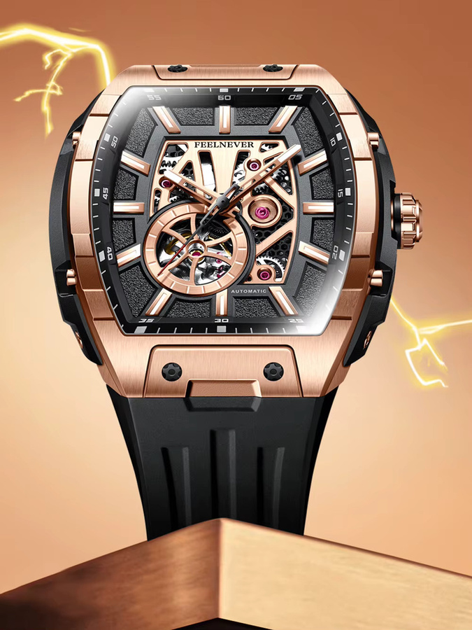 FeelNever Armbanduhr Tourbillon, Automatik, Gold, Herren, Saphirglas, Leuchtzeiger - Bild 5