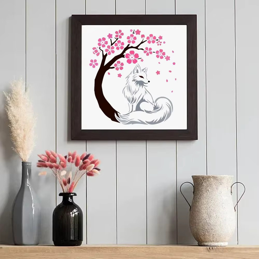 Wiederverwendbare Fuchsschablone zum Malen mit Pinsel, Motiv sitzender Fuchs und fallende Blütenblätter, Breite: 30 cm, Tiefe: 30 cm - Bild 4