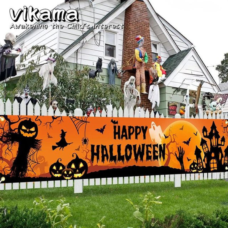 VIKAMA Halloween Outdoor Banner mit Kürbis- und Fledermaus-Muster in Orange, rechteckige Hängedekoration für Horror-Partys und Heimdekoration, B/H: 200 x 40 cm - Bild 1