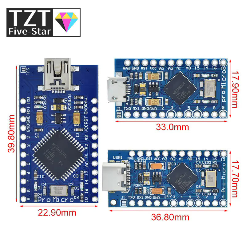 TZT Pro Micro ATmega32U4 Mikrocontroller mit USB-C Schnittstelle und 2-reihigem Pin-Header in Blau - Bild 2