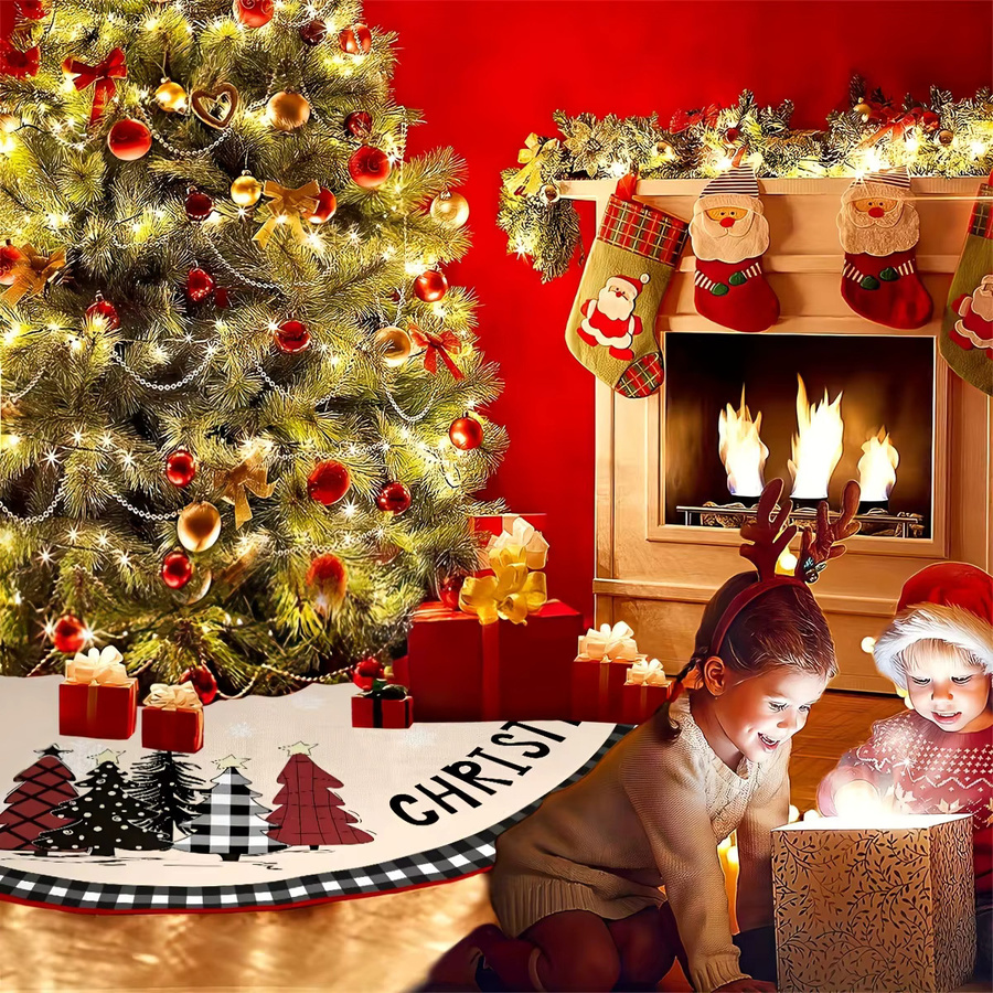 VIKAMA Weihnachtsbaumrock mit Rentier-Motiv und Schneeszene in kariertem Design, rund, mehrfarbig - Bild 3