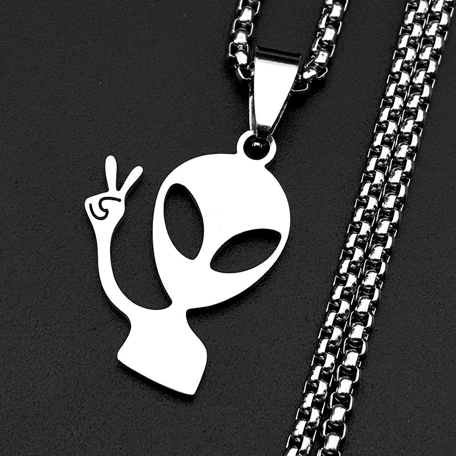 AMIMJ Alien-Anhänger-Halskette, Edelstahl, silberfarben, Unisex - Bild 2