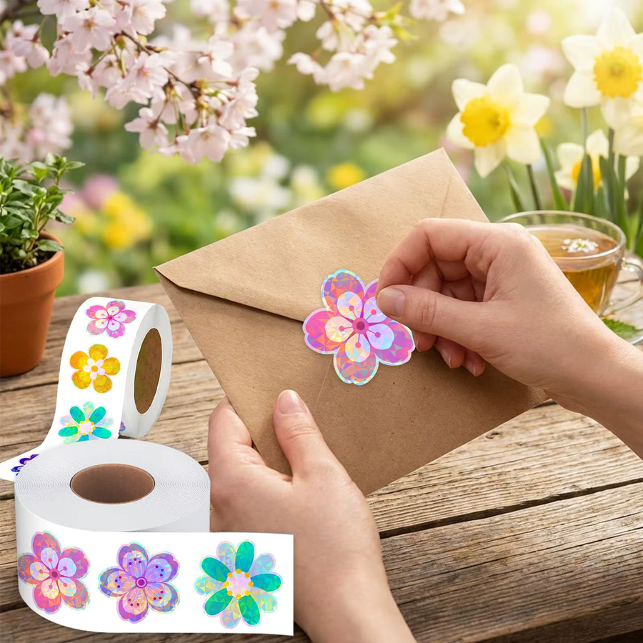 500 Stück TYFYO Laser Blumenaufkleber in Mehrfarbig, wasserfeste selbstklebende Siegelaufkleber mit Blumenform für deine Geschenkverpackung, Durchmesser: 2,54 cm - Bild 2