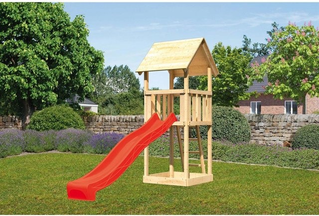 Karibu Spielturm Lotti Naturbelassen mit Satteldach und Rutsche in Rot - Bild 1