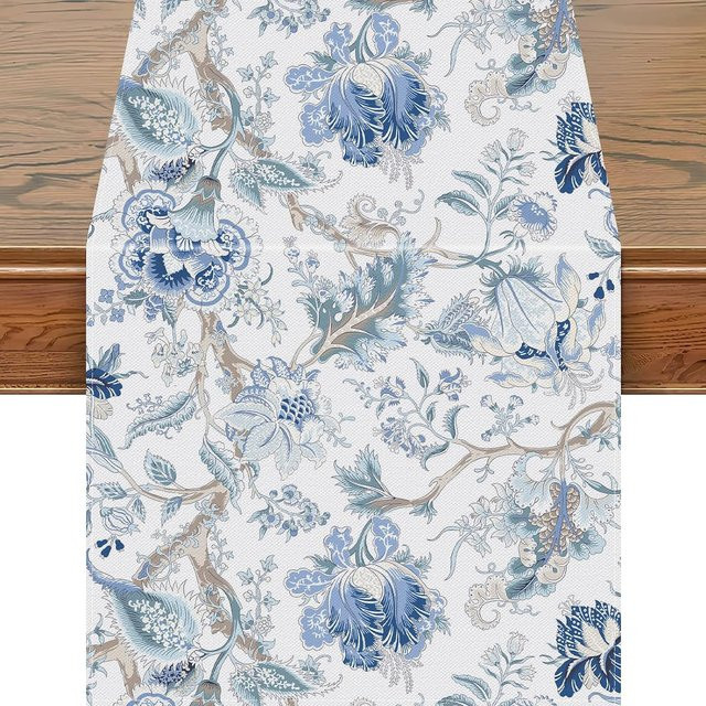 JINGYUE Pet Tischläufer Chinoiserie aus Leinen in Blau und Weiß mit Vogel- und Blumenmuster, Breite: 33 cm, Länge: 150 cm - Bild 1