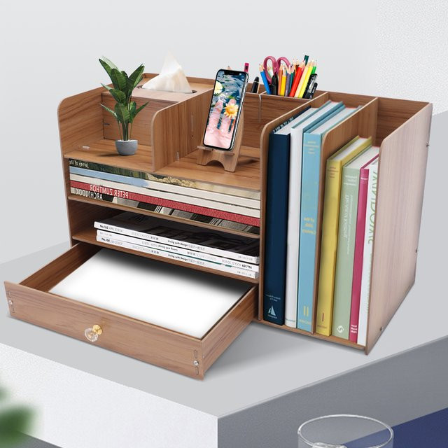 Bymaocar Desktop-Organizer aus Holz in Braun, 4-lagiges Aufbewahrungsregal für A4-Dateien und Schreibwaren mit Telefonständer und Taschentuchbox, B/T/H: 48 x 23 x 28 cm - Bild 1