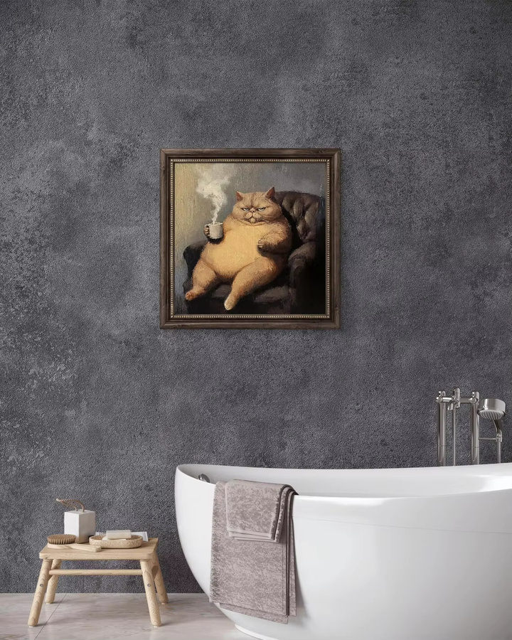 Wandbild von SHENCHEN im Renaissance-Stil mit einer mürrischen gelben Katze in einem Sessel, humorvolles Ölgemälde als quadratisches Holzbild in Mehrfarbig - Bild 3