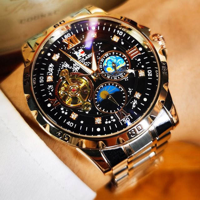 AOKULASIC Skelettuhr, Automatik, Edelstahl, Lederarmband, Herren - Bild 1