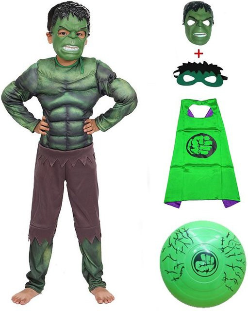 Marvel Superheld Hulk Kostüm Set, Muskel-Overall mit Maske Umhang & Schild, Grün - Bild 1