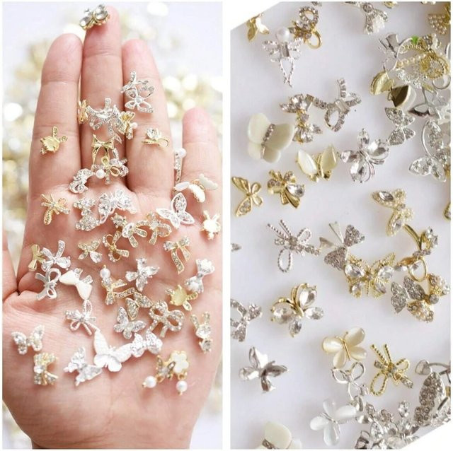 Nagel Charms Schmetterling, Bowknot, Perlen, Strass, Gold, Silber, Legierung - Bild 1