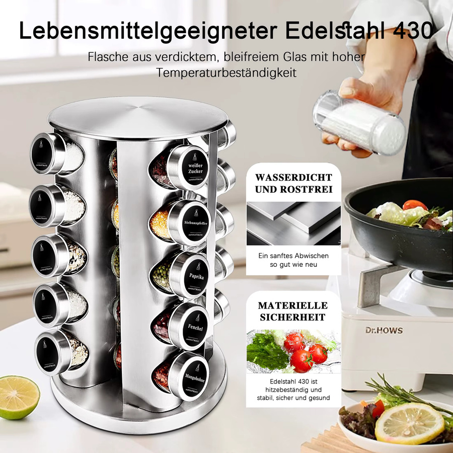 SAEIV Drehbares Gewürzregal-Set mit 12 luftdichten Glasbehältern à 120 ml, 360 Grad Edelstahl-Organizer in Silber und Transparent - Bild 5