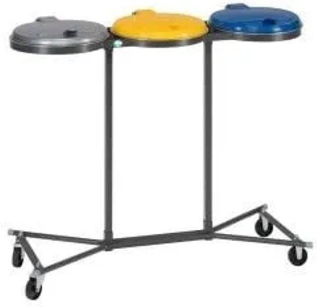 PROREGAL Abfallsammler für Wertstoffsortierung 3-fach fahrbar mit Rollen, 3 x 120 Liter, Stahl Silber Gelb Blau, H x B x T: 96 x 106,5 x 44 cm - Bild 1