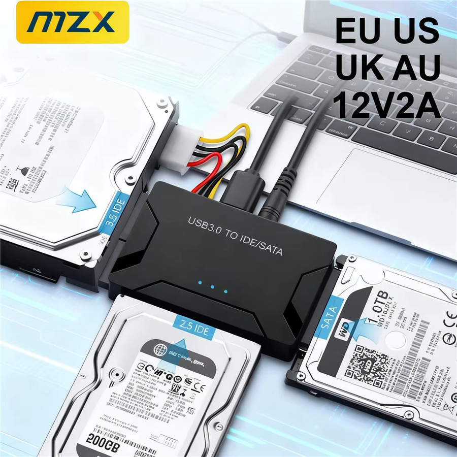 MZX Festplattenkonverter Adapter für 3 SATA und IDE HDDs mit USB 3.0 Anschluss, unterstützt 2,5 und 3,5 Zoll Festplatten bis 6TB, Schwarz - Bild 2