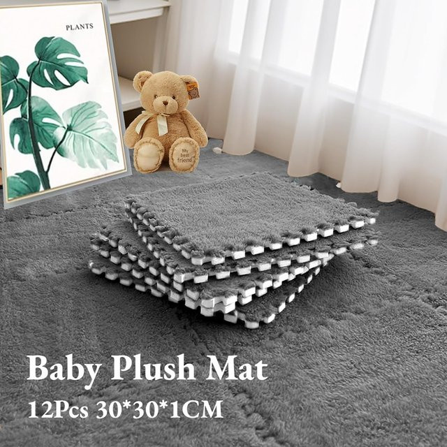 DHDH Baby Spielmatte aus EVA Schaumstoff und Plüsch, 12er Set Puzzle Spielteppich für Kinderzimmer, Blau und Grau, B/T/H: 30 x 30 x 1 cm - Bild 1