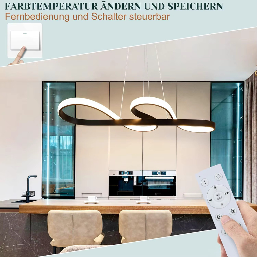 Moderne LED-Hängelampe in Schwarz aus Silikon und Aluminium mit Fernbedienung, 58 W, höhenverstellbar und dimmbar für Wohnzimmer, Esszimmer oder Büro - Bild 4
