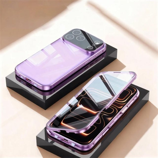 Magnetische 360° Vollschutz Handyhülle aus gehärtetem Glas für Apple iPhone 17 Pro Max 16 15 14 13 12 11 in Transparent und Purple - Bild 1