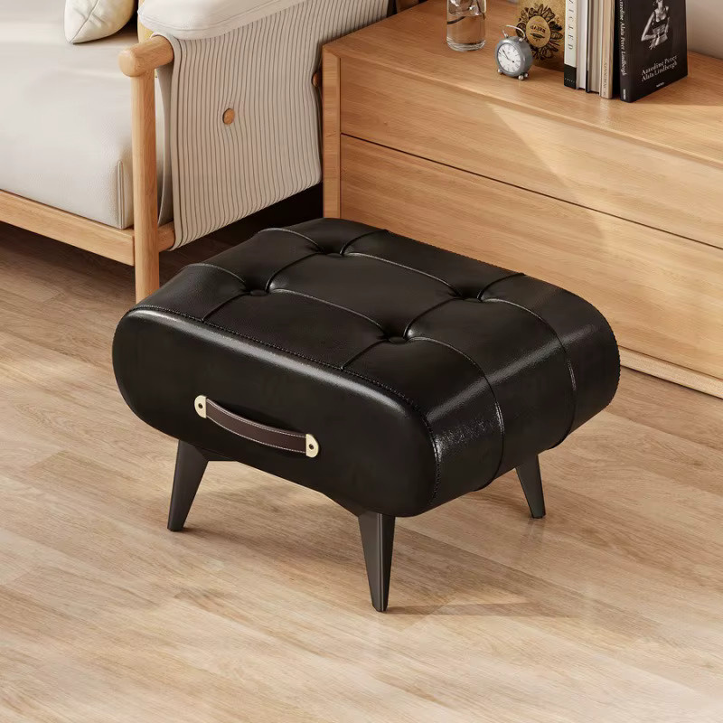 LIUSHADUOLA Ölwachsleder-Hocker in Schwarz als gepolsterter Fußhocker für Wohnzimmer und Eingangsbereich - Bild 3