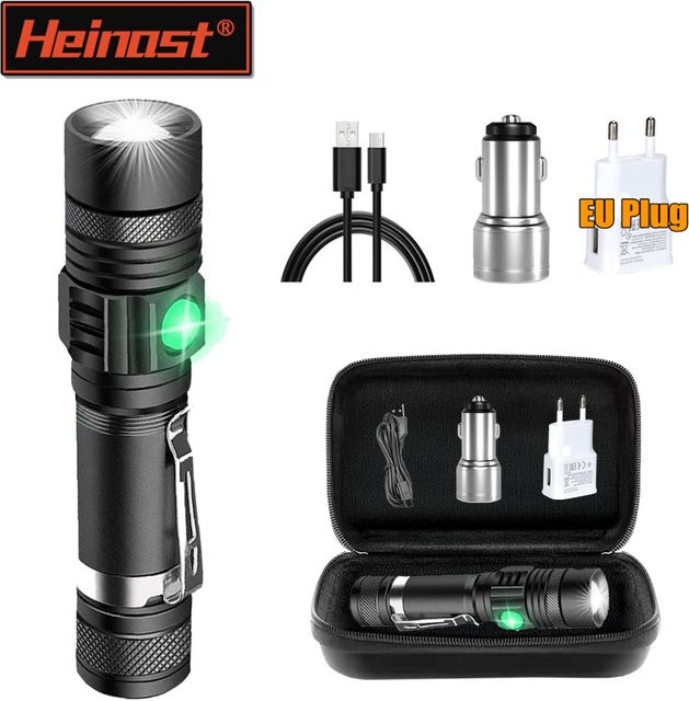 Heinast LED Taschenlampe Schwarz mit Teleskop-Zoom, Clip und wiederaufladbarem Akku - Bild 1