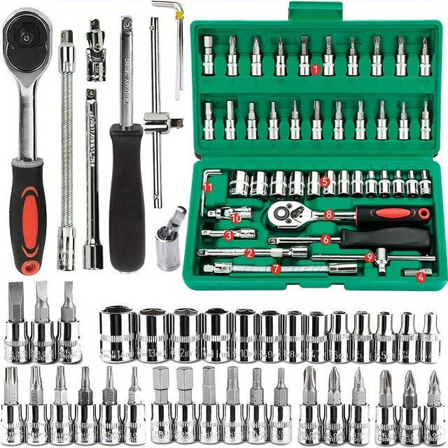 MARKET-1 46-teiliges Steckschlüssel-Set in Schwarz mit 1/4 Zoll Ratschenschlüssel und metrischen Sechskant-Bits für die Autoreparatur - Bild 1