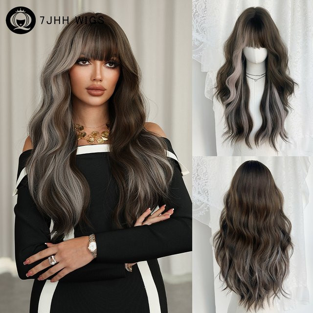 7JHH WIGS Perücke, Lange Wasserwellen, Dunkelbraun-Ombre-Weiß, Damen - Bild 1