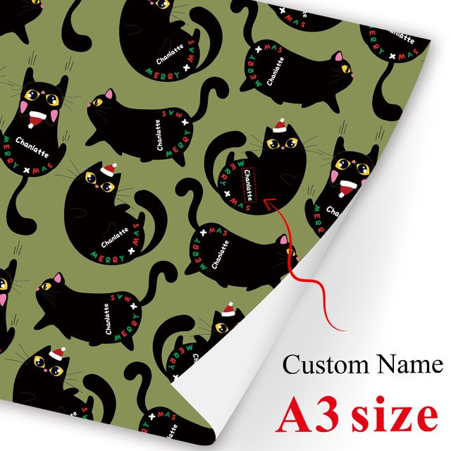 3 Blatt individuelles Weihnachtspapier mit schwarzem Katzen-Design in Grün zum Basteln und Verpacken von Geschenken - Bild 1