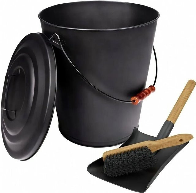 BLACK OAK Ascheeimer SANTORINI in Schwarz mit Deckel, Schaufel und Handfeger, 25l Metall-Aschebehälter für Kaminofen und Grill - Bild 1