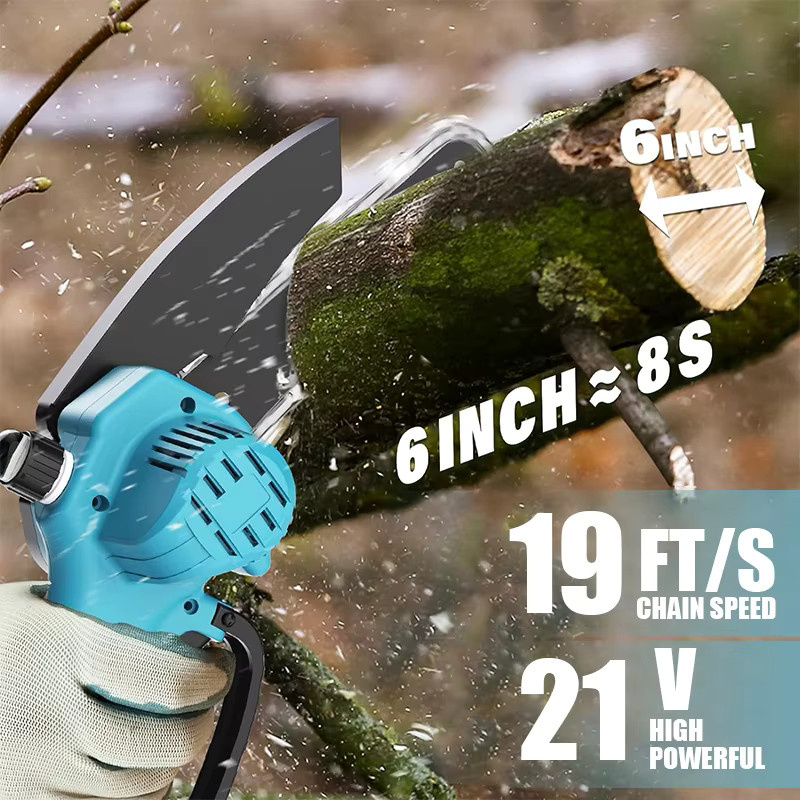 Jemi Tool Akku Kettensäge 6 Zoll Blau mit zwei Akkus und automatischer Schmierung - Bild 6