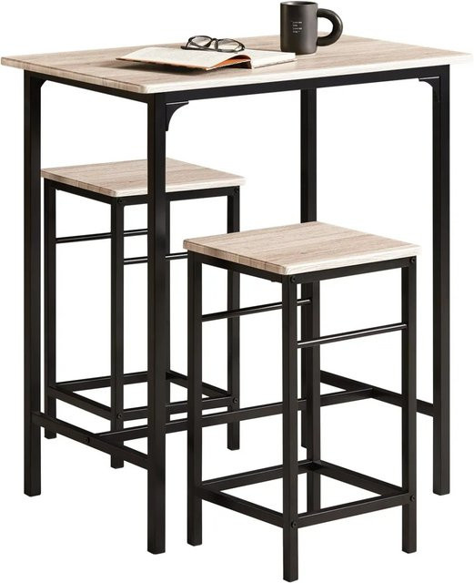 SoBuy Essgruppe Bartisch Set mit 2 Barhockern in Natur-Schwarz, moderner Esstisch aus MDF und Metall, OGT10-N - Bild 1