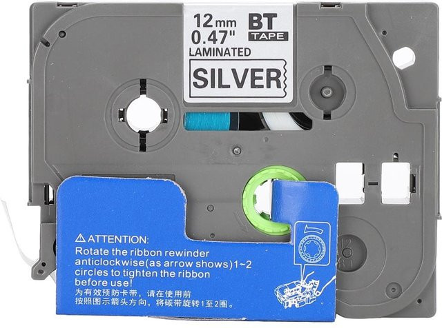Brother Etikettenband für Drucker Schwarz auf Matt Silber, Breite: 12 mm, kompatibel mit PT E100B und PT 9700 - Bild 1