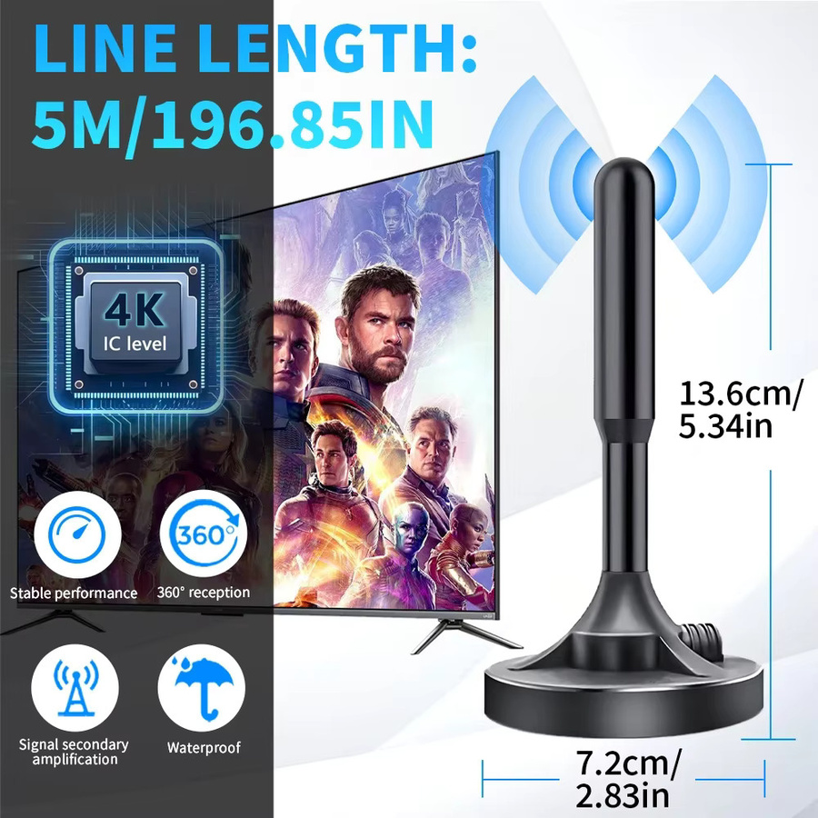 YUNYINMING Digitale Indoor-TV-Antenne für DVB-T2 4K mit verlängertem Saugnapf, Schwarz - Bild 2