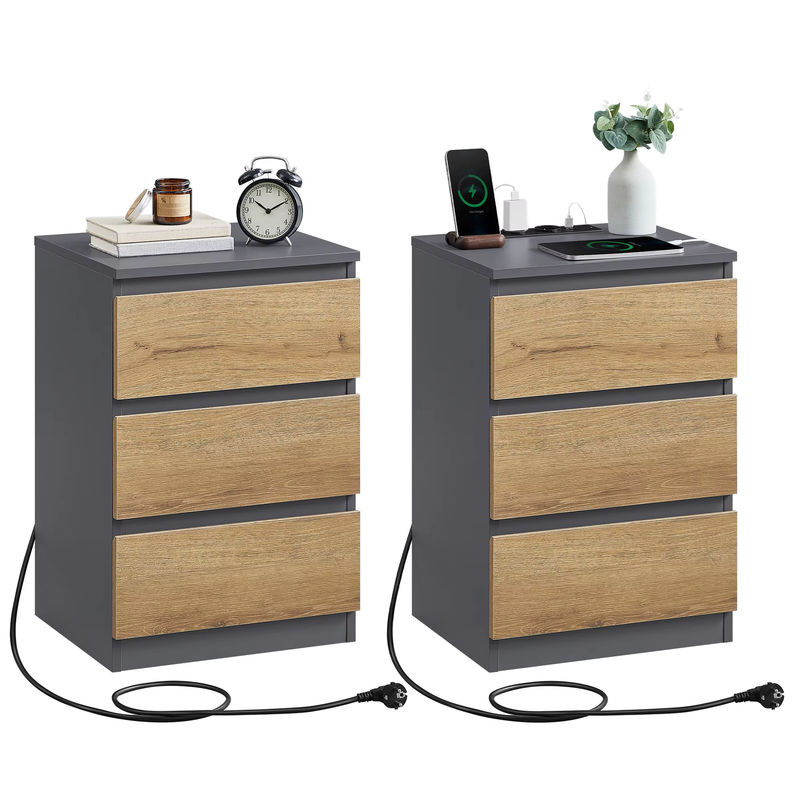 VASAGLE 2er Set Nachttische in Grau mit 3 Schubladen und integrierter Steckdosenleiste inklusive 2 AC-Steckdosen und 2 USB-A-Anschlüssen - Bild 2