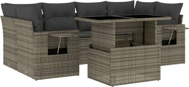 vidaXL 7-tlg Garten-Sofagarnitur in L-Form aus Polyrattan mit Kissen in Grau - Bild 1