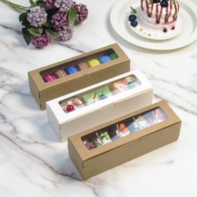 20 Stück Macaron Boxen mit klarem Fenster aus Papier und Kunststoff in Weiß und Braun zur Gebäckverpackung für Hochzeiten und Geschenke - Bild 1