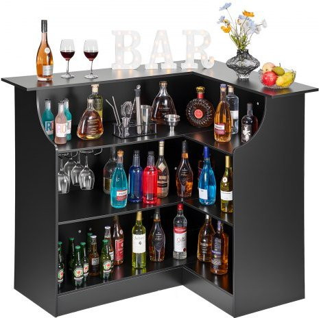 VEVOR L-förmige Hausbar in Schwarz mit 4 Ebenen, Stauraum und Weinglashalter, B/T/H: 130 x 100 x 112 cm - Bild 1