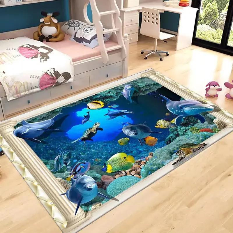 Karpetti Teppich mit Ozean-Delfin-Muster in Blau, Anti-Rutsch-Matte für Kinderzimmer, Wohnzimmer oder Badezimmer, B/T: 60 x 40 cm - Bild 1