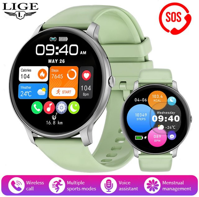 LIGE Smartwatch mit Bluetooth-Anruf und Sprachassistent, wasserdichte Fitness-Smartwatch mit Herzfrequenzmessung und Schrittzähler, grünes Silikonarmband, Unisex - Bild 1