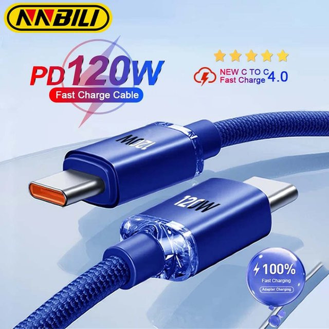 Nnbili USB-C zu USB-C Ladekabel mit 120W PD Schnellladefunktion und Datenübertragung in Blau - Bild 1