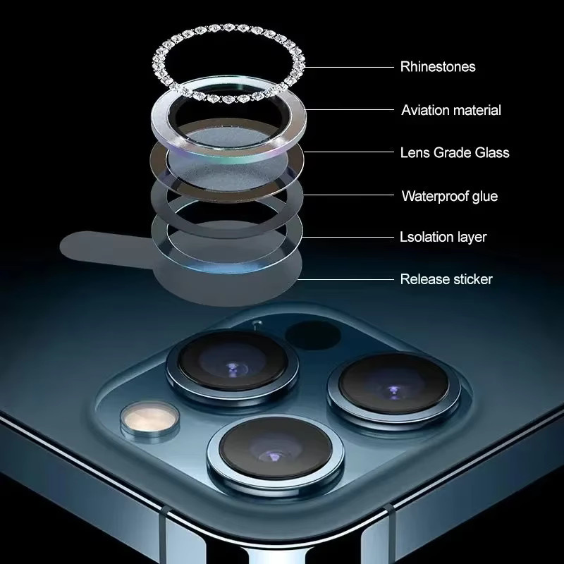 Luxus Diamant Kamera Schutz Metall Ring und Objektivglas für Apple iPhone 14 15 16 Pro Max Plus in Blau, 2-3 Stück - Bild 5