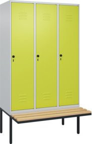 C+P Spind Classic PLUS Garderobenschrank mit Sitzbank, 3 Abteile, B/T/H: 212 x 120 x 81,5 cm, Sicherheits-Drehriegel und 4 Garderobenhaken, Buche-Hartholz und Stahl - Bild 1