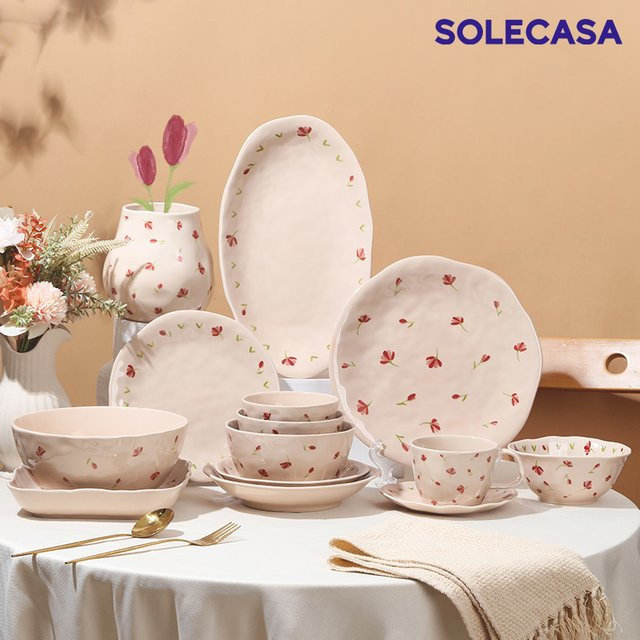 SOLECASA Keramik Geschirrset mit Blumenmuster bestehend aus Essteller, Suppenschüssel, Salatschüssel und Kaffeetasse, mikrowellengeeignet - Bild 1