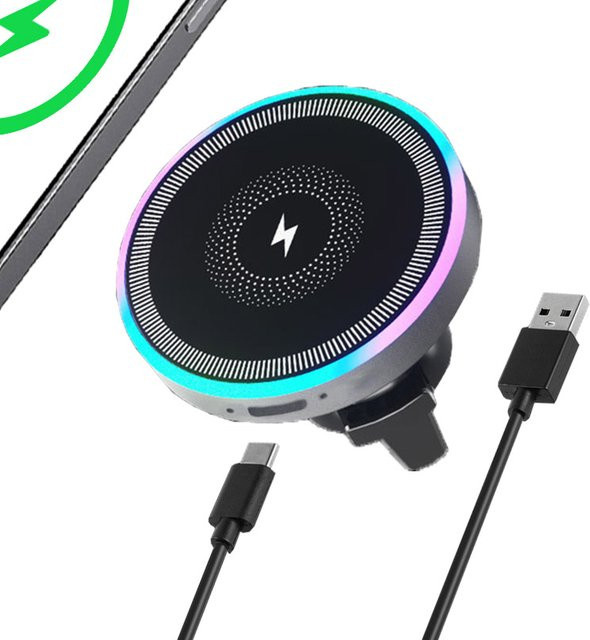 VIKEFON Magnetische Handyhalterung für die Auto-Lüftung mit RGB-Licht und kabellosem Ladegerät, Farbe: Weiß - Bild 1